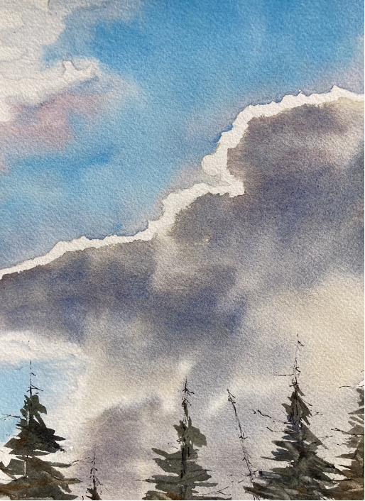 Watercolor of a landscape with trees and clouds

Description automatically generated