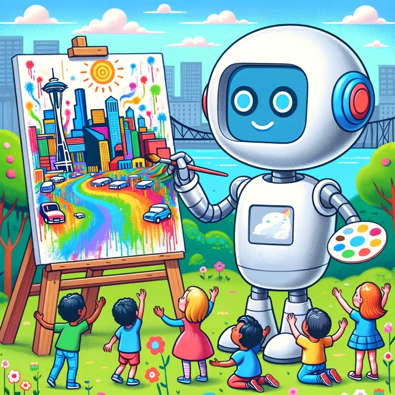 A robot painting a picture of a city

Description automatically generated